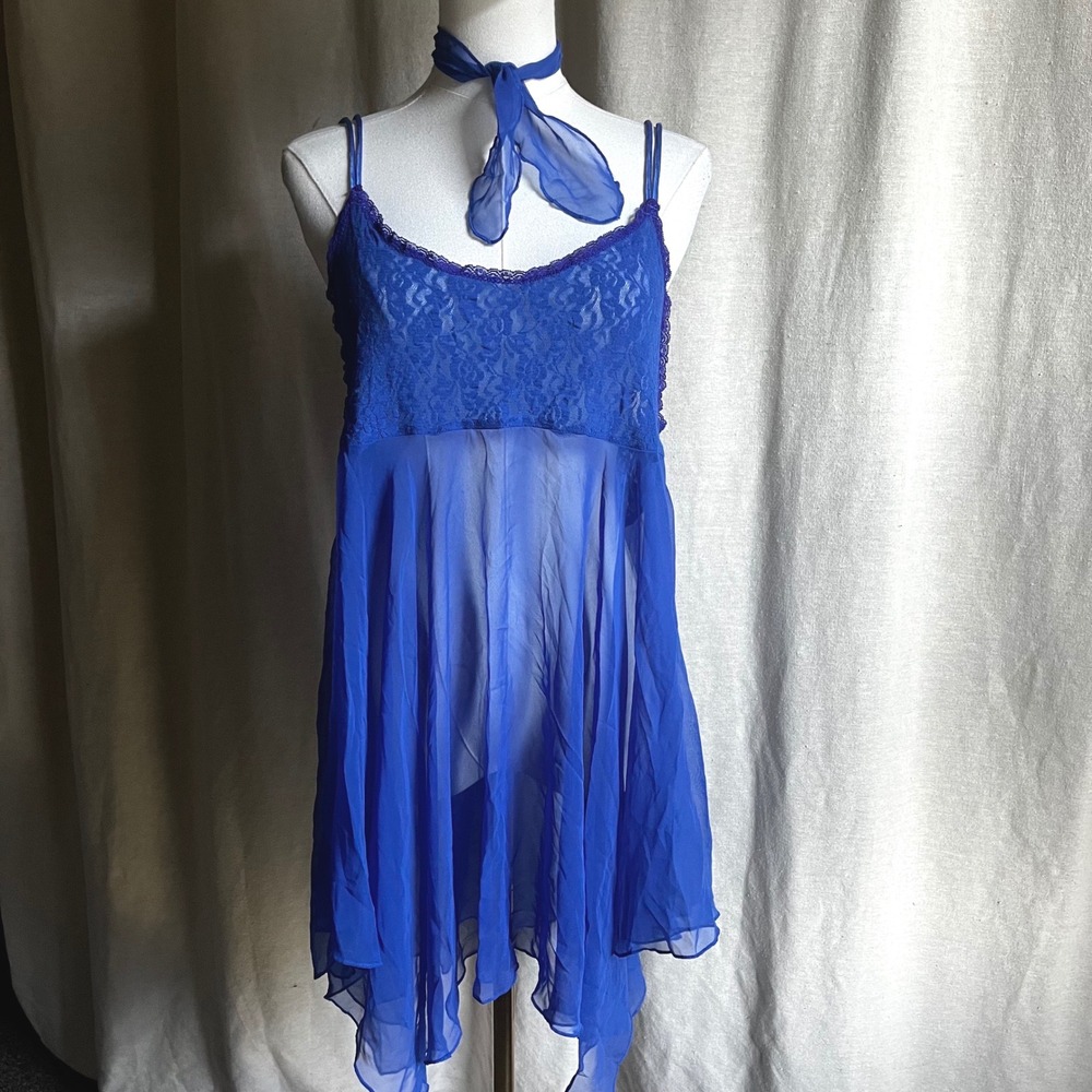 Cinema Etoile Sheer Blue Lace Babydoll Slip Dress w Matching Scarf L